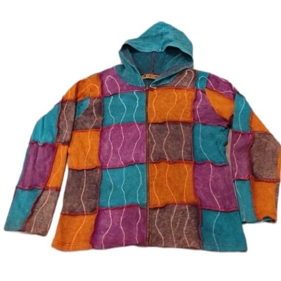 Boho Patchwork Hoodie Jacket L Multicolor Hippie Full Zip Cotton - Picture 1 of 3
